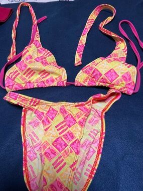 Bikini Nation Pink & Yellow Tropical Print Triangle Bikini